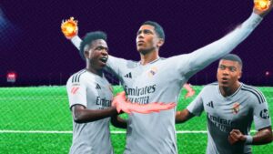 Three football manager footballers celebrating as one holds fireballs in their hands