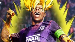 A Football Manager striker with Super Saiyan hair charging energy