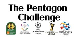 Football Manager Pentagon Challenge banner showing multiple football clu icons on a white background