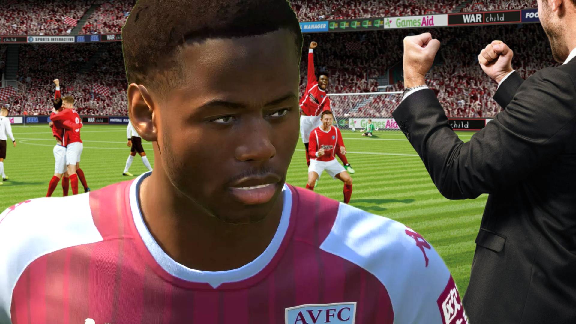 Keenan Davis on football manager keyart as a manager cheers in the background