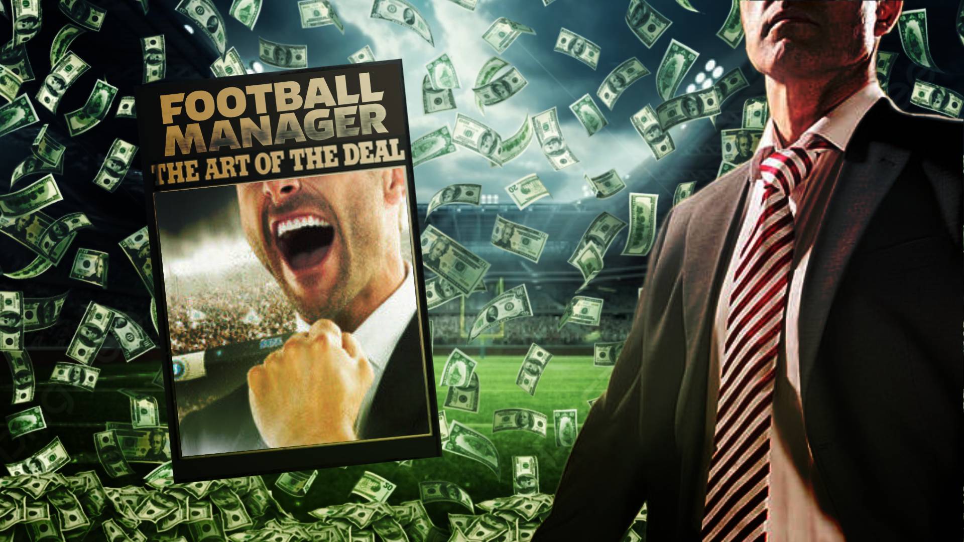 A Football Manager standing next to a parody copy of art of the deal