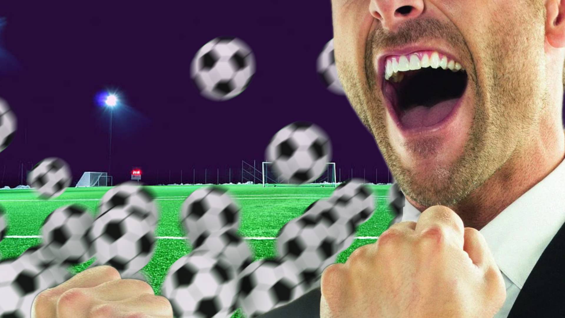 football manager cheering in front of footballs