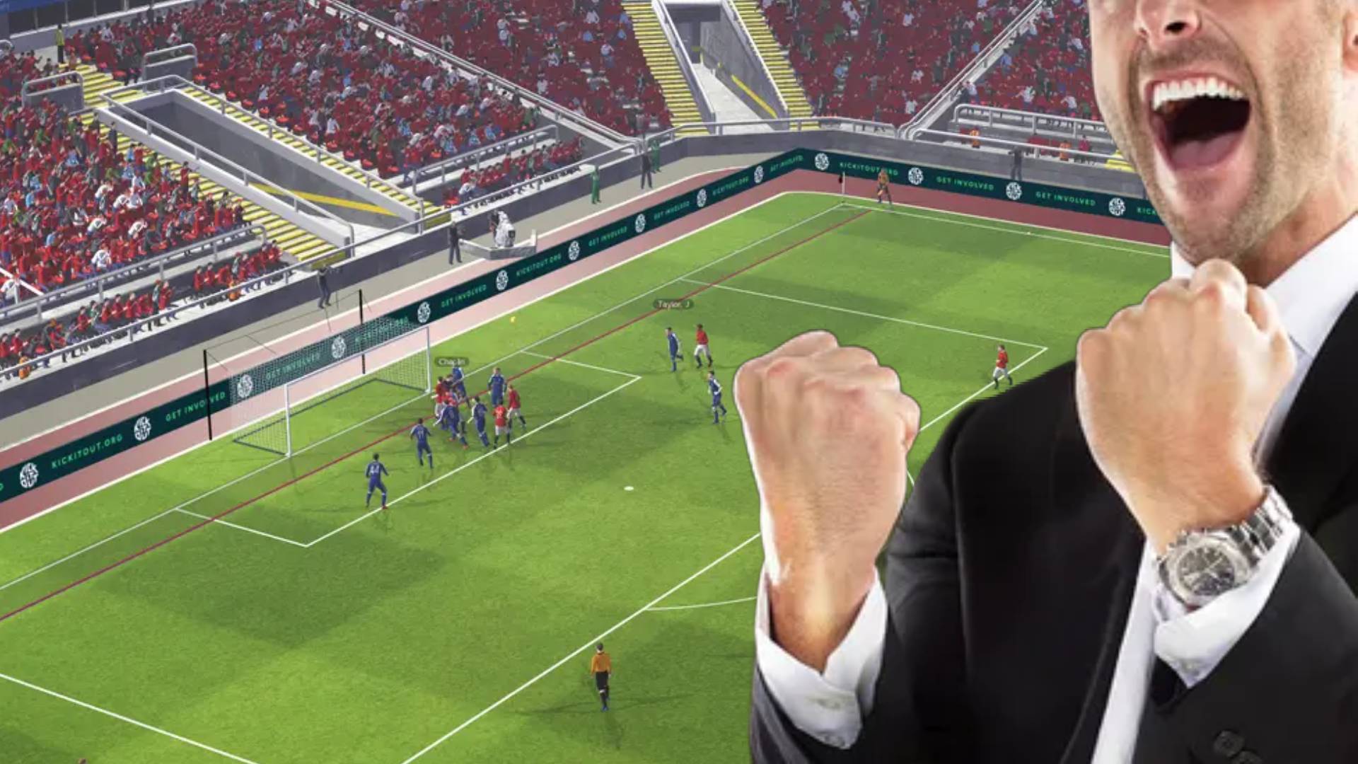 A football manager cheering in front of a match