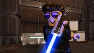 Image of the player holding a blue lightsaber in Force Battlegrounds on Roblox.