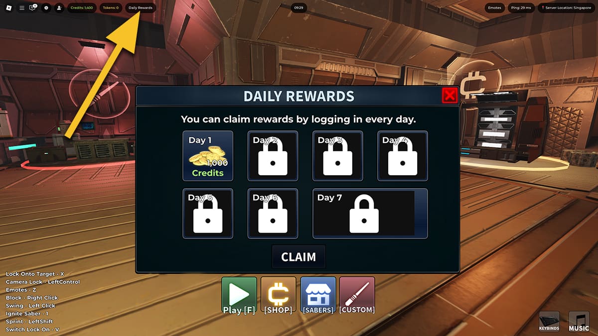 Image of the Daily Rewards screen in Force Battlegrounds on Roblox.