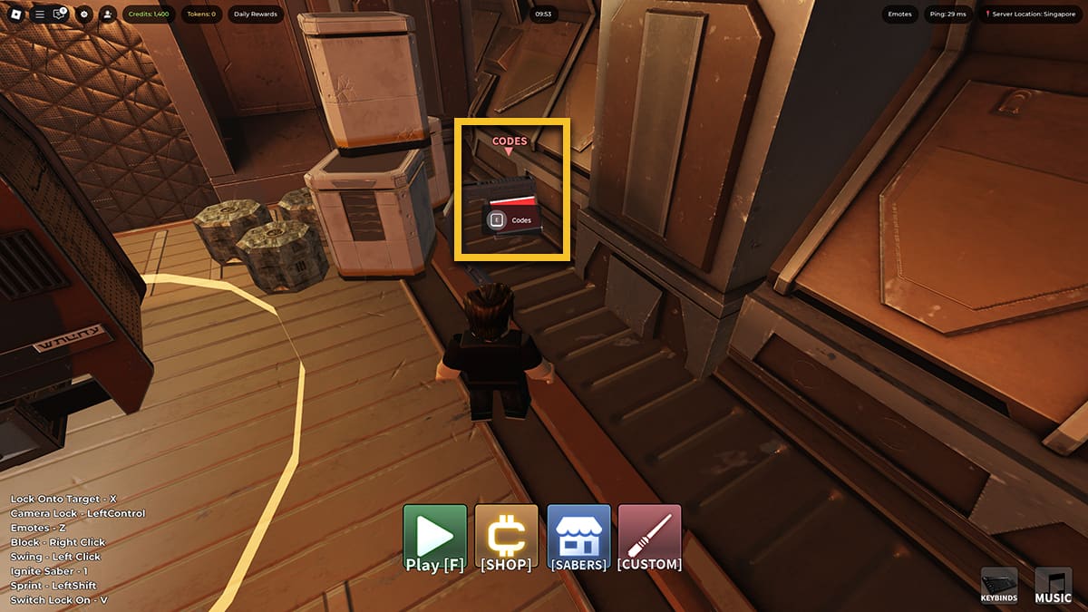 Image of the player standing in front of the Codes console with a visible 