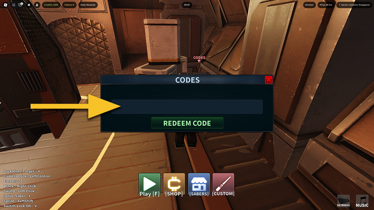 Image of the code redemption window in Force Battleground on Roblox, with an arrow pointing at the code input text box.