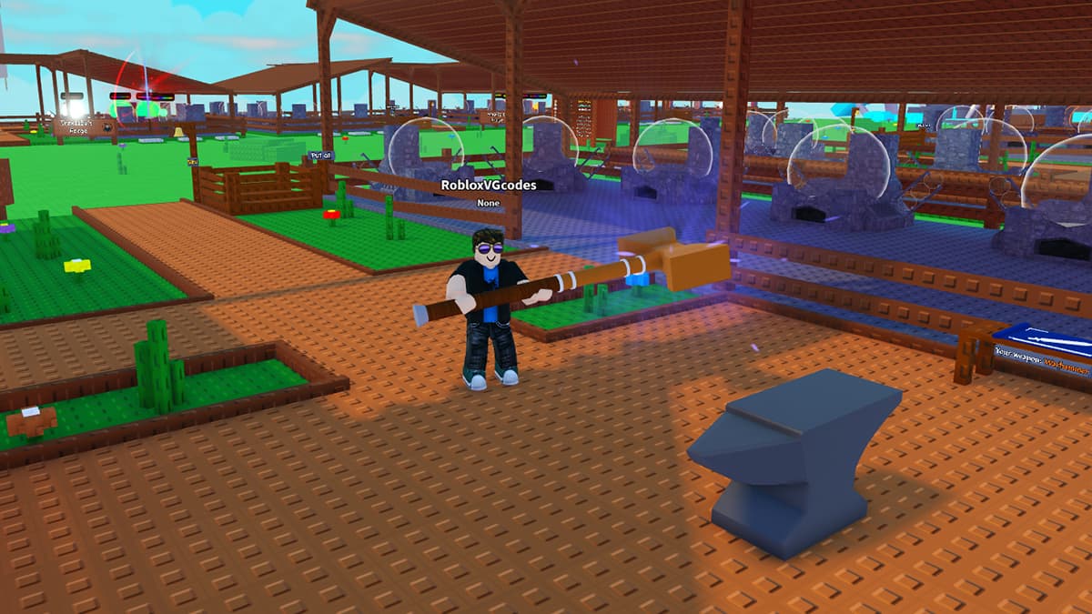 Image of the player holding a warhammer in Forge a Weapon! on Roblox.