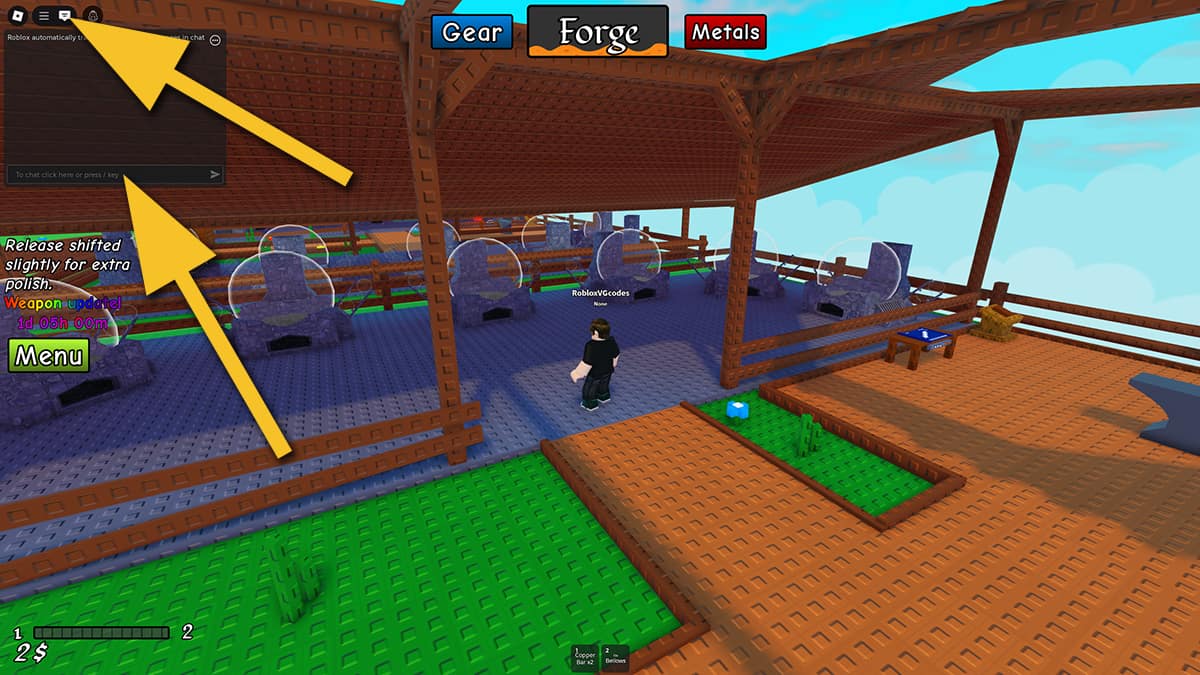 Image of the player inside their forge in Forge a Weapon! on Roblox, with arrows pointing at the Chat button and the chat's text input box.