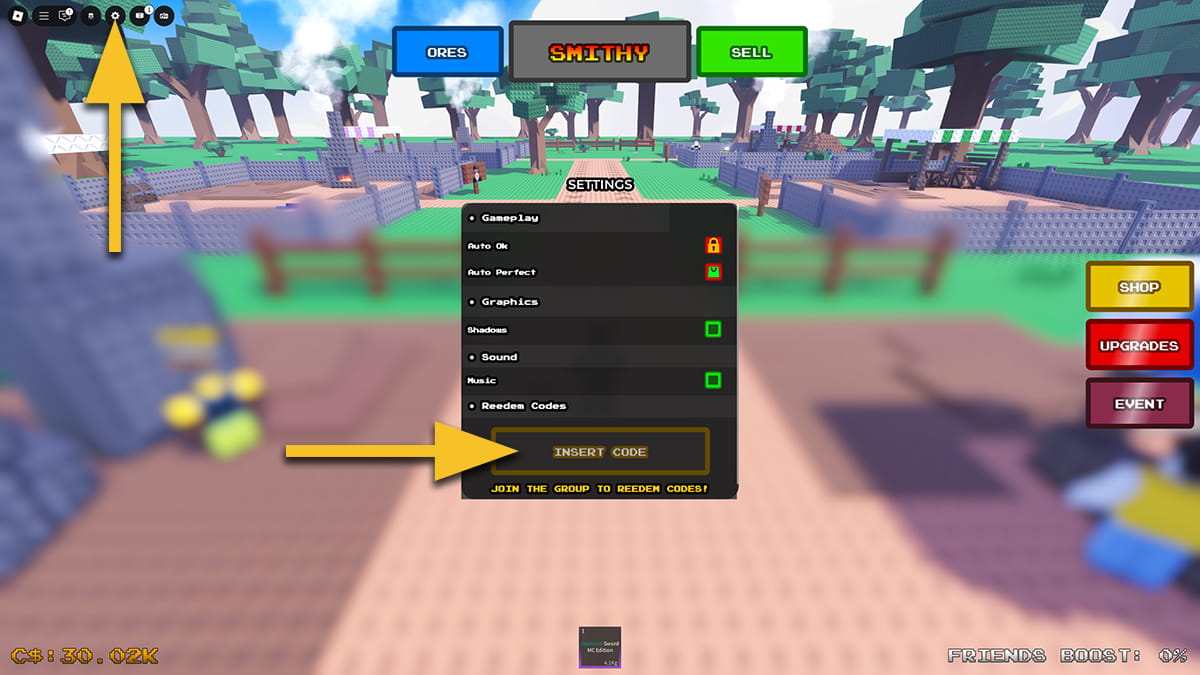 Image of the Settings window in Forge Master on Roblox, with arrows pointing at the Settings button and the code input text box.