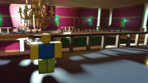 A frightened Roblox character standing on the balcony in Forgotten.