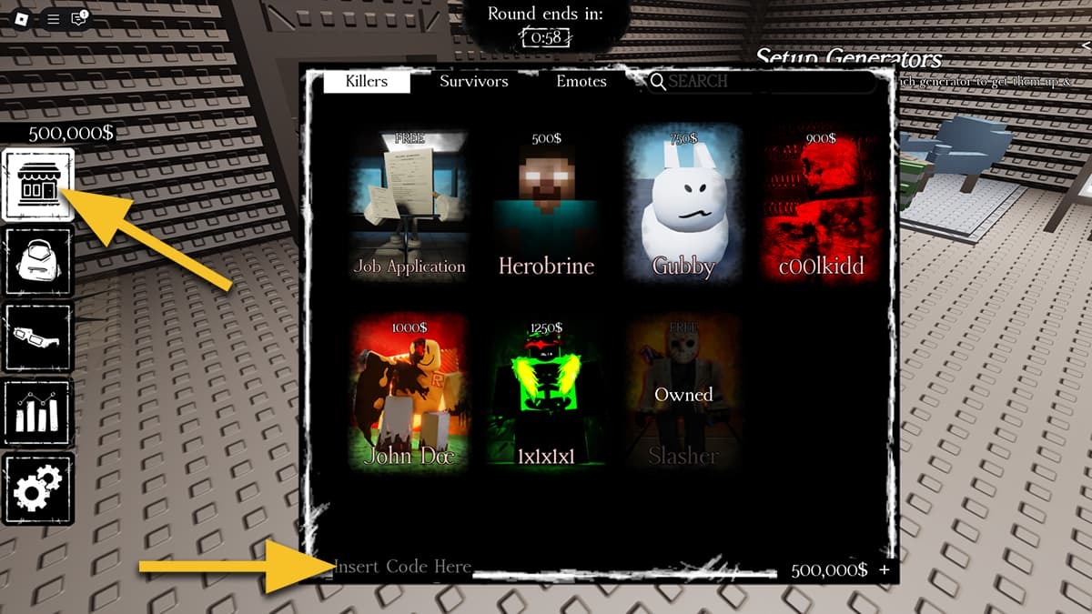 The Shop window in Forgotten, with yellow arrows pointing to the Shop button and the codes text box.