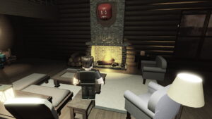 Image of the player standing in front of the fireplace of the lobby in Forsaken on Roblox.