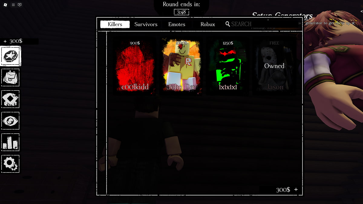 Image of the Shop window in Forsaken on Roblox, with the Killers tab selected.