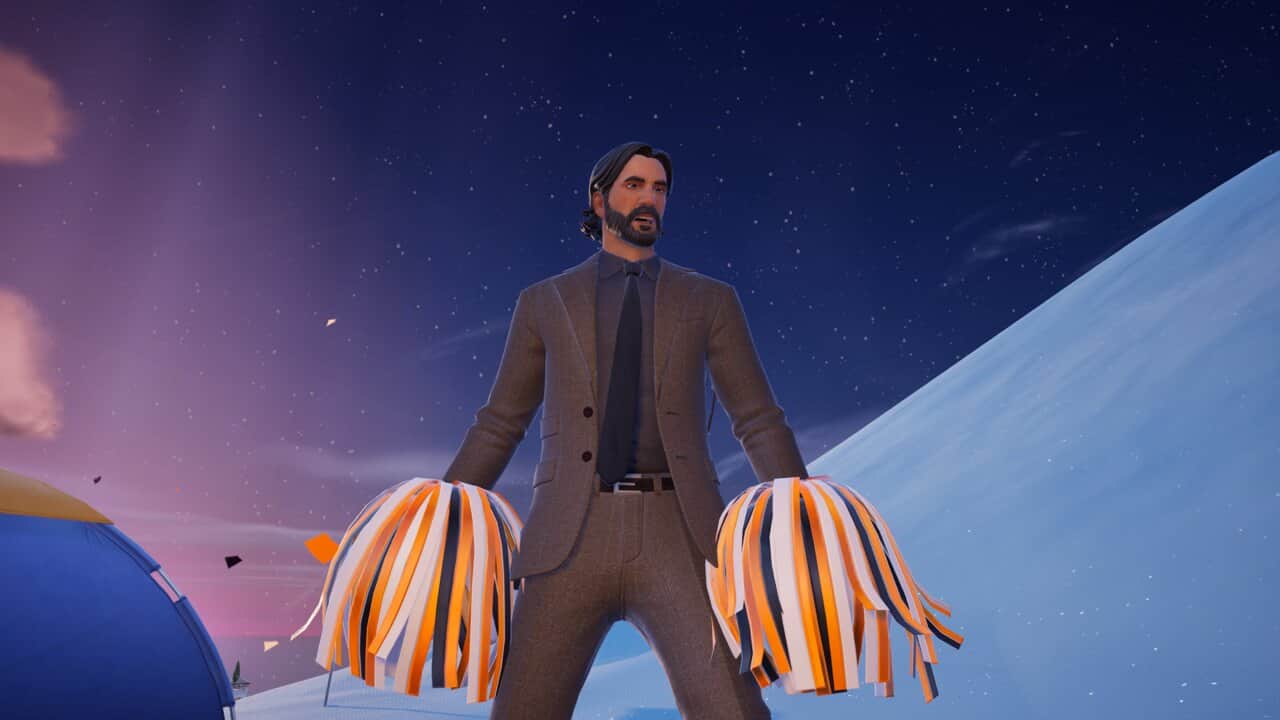 All Fortnite melee weapons: Alan Wake holding two pom-poms while standing on a snowy mountain in Fortnite.