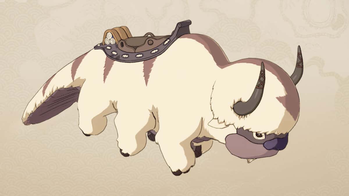 Illustration of a large, fantasy creature resembling a white and brown bison with an ornate saddle and curled horns, against a beige patterned background featuring free Fortnite cosmetics.