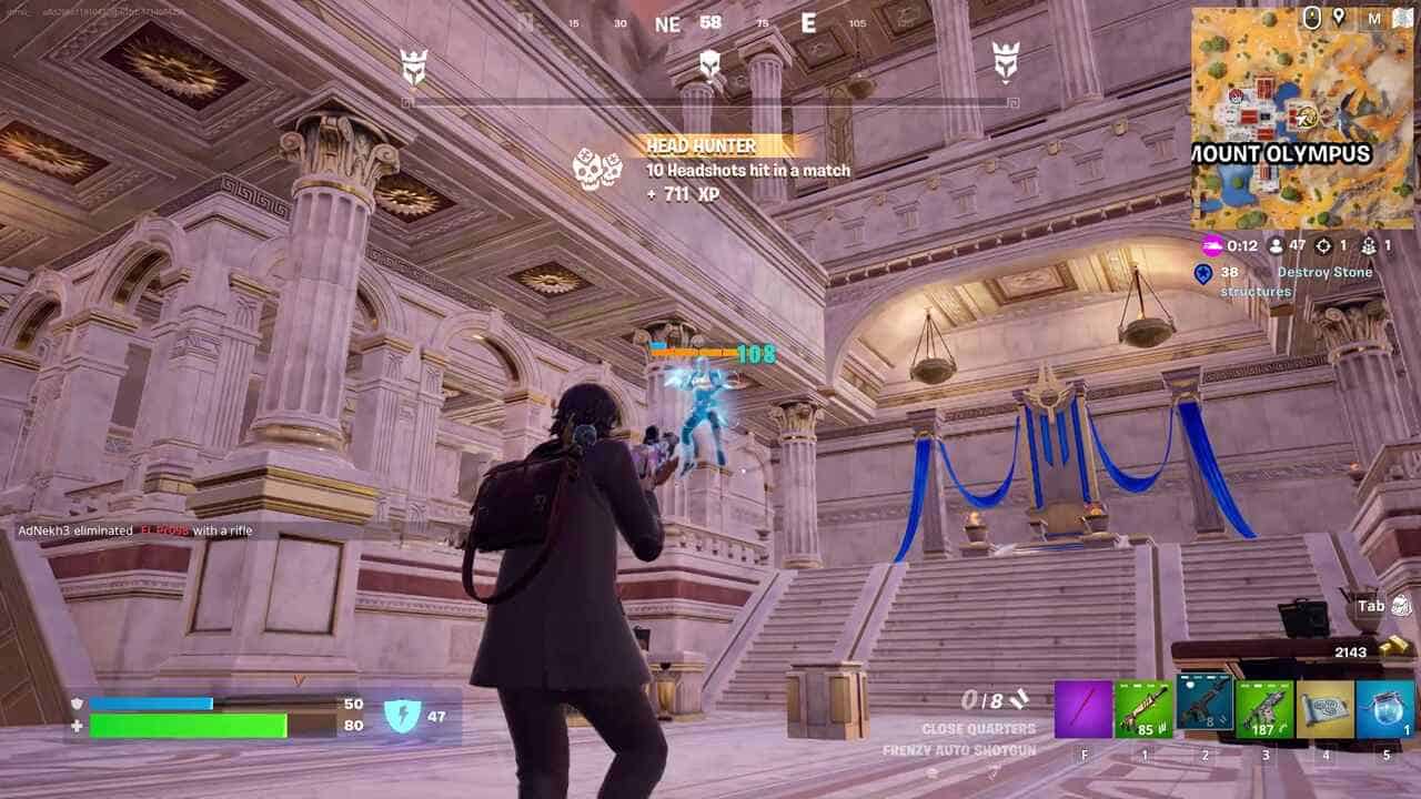Fortnite how to get Aspect of the Gods: A player in Fortnite fighting against Zeus in a grand marble palace.