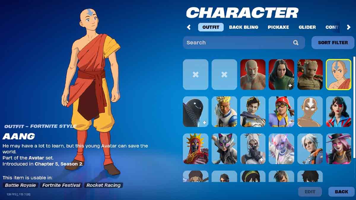 Character selection screen featuring Aang from 'Avatar: The Last Airbender' in Fortnite, alongside other in-game avatar options, following Fortnite's new update that is changing its Item Shop forever.