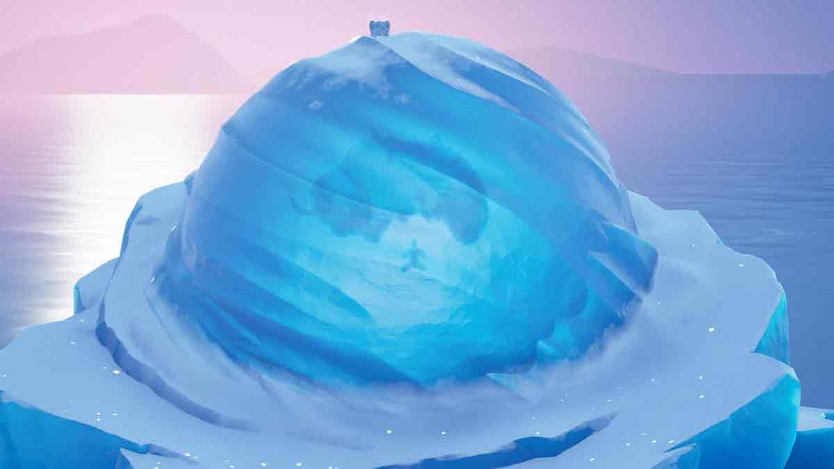 Glowing blue ice structure on a serene body of water at twilight, spotlighted by the New Fortnite event which will bring map changes.