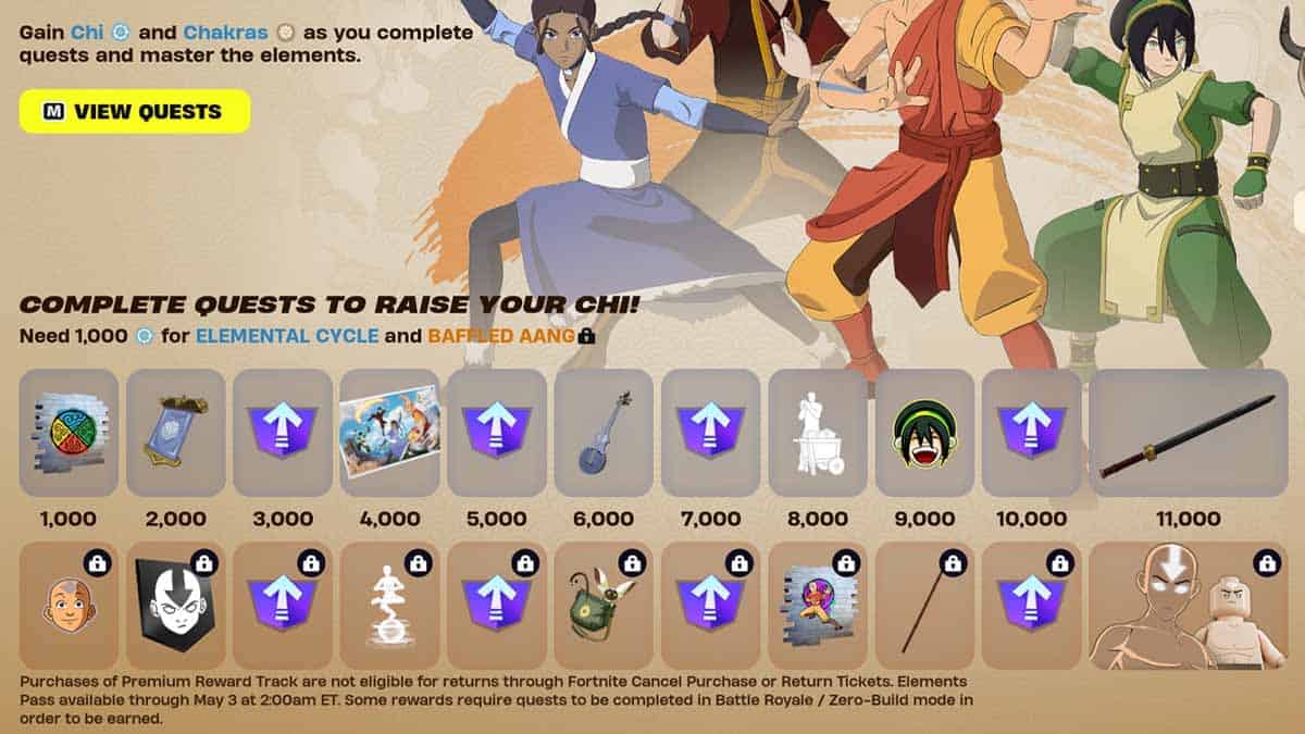 Screenshot of the new Fortnite update showing quest options and item rewards, featuring characters from Avatar: The Last Airbender.