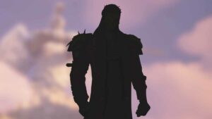 Silhouette of a man with spiky hair and a bulky jacket against a purple and pink sky, possibly from the Fortnite Chapter 5 Season 3 Battle Pass.