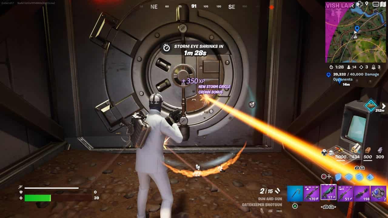 Player in a white outfit opening a vault in Fortnite Chapter 5 Season 2 while under attack.