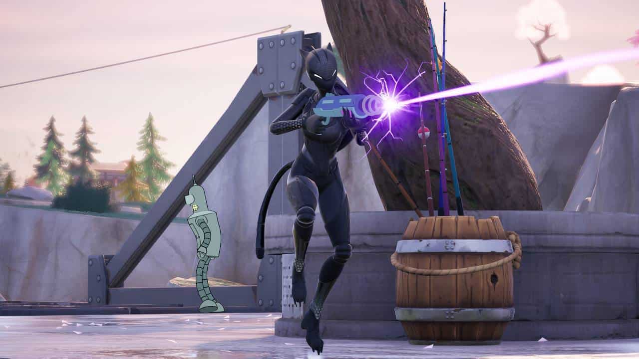 Bender's Shiny Ray Gun in Fortnite: Player in cat skin shooting Ray Gun in Fortnite
