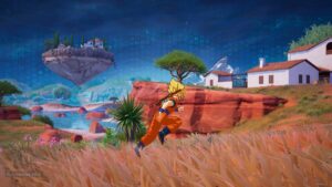 Fortnite best graphics settings: Goku running across a field with a cliff and a floating island in the background.
