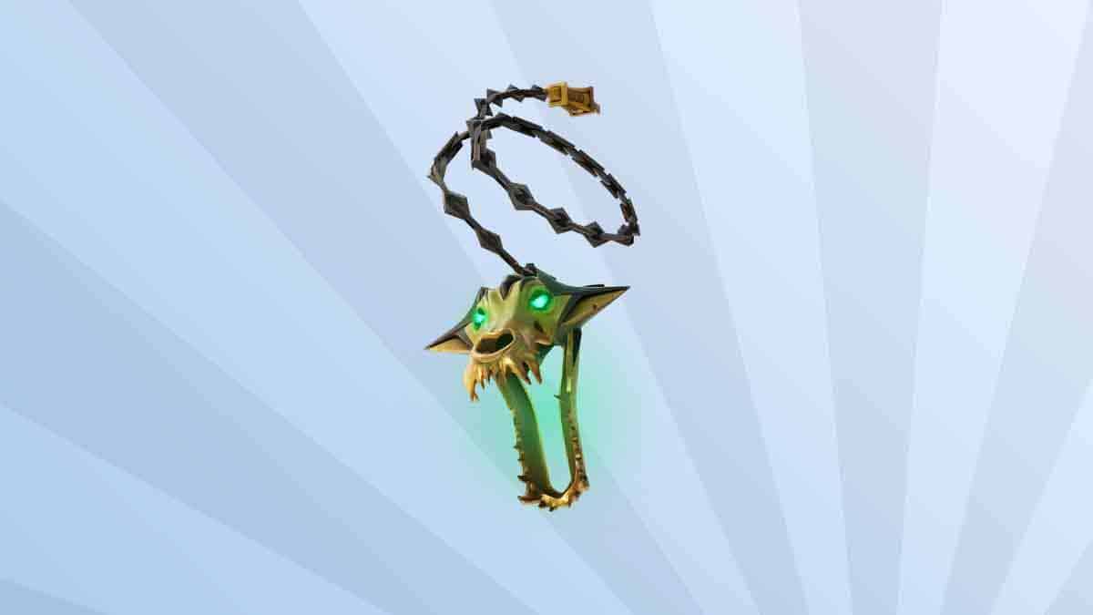 Fortnite best melee weapons: The Chains of Hades from Fortnite against a background of blue rays.