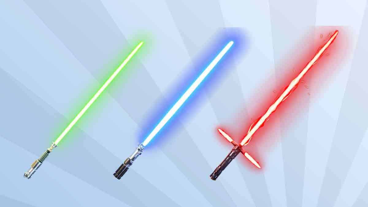 Fortnite best melee weapons: A green, blue and Kylo Ren's Lightsabers against a background of blue rays.