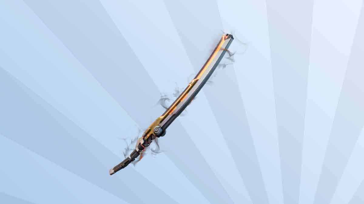 Fortnite best melee weapons: Thorne's Vampiric Blade from Fortnite against a background of blue rays.
