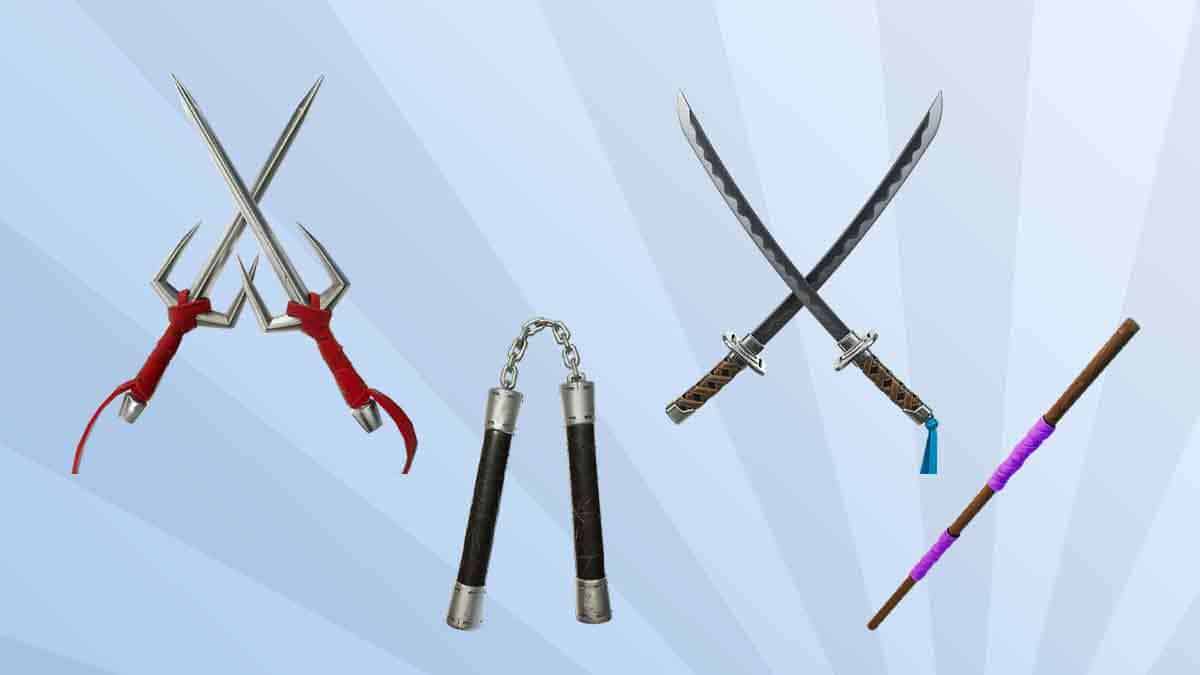 Fortnite best melee weapons: The weapons of the Teenage Mutant Ninja Turtles against a background of blue rays.
