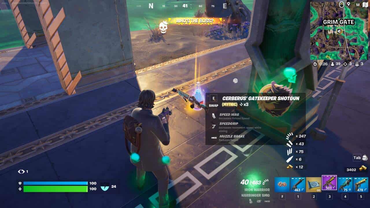 Fortnite best ranged weapons: The Cerberus' Gatekeeper Shotgun on the ground next to some pillars.