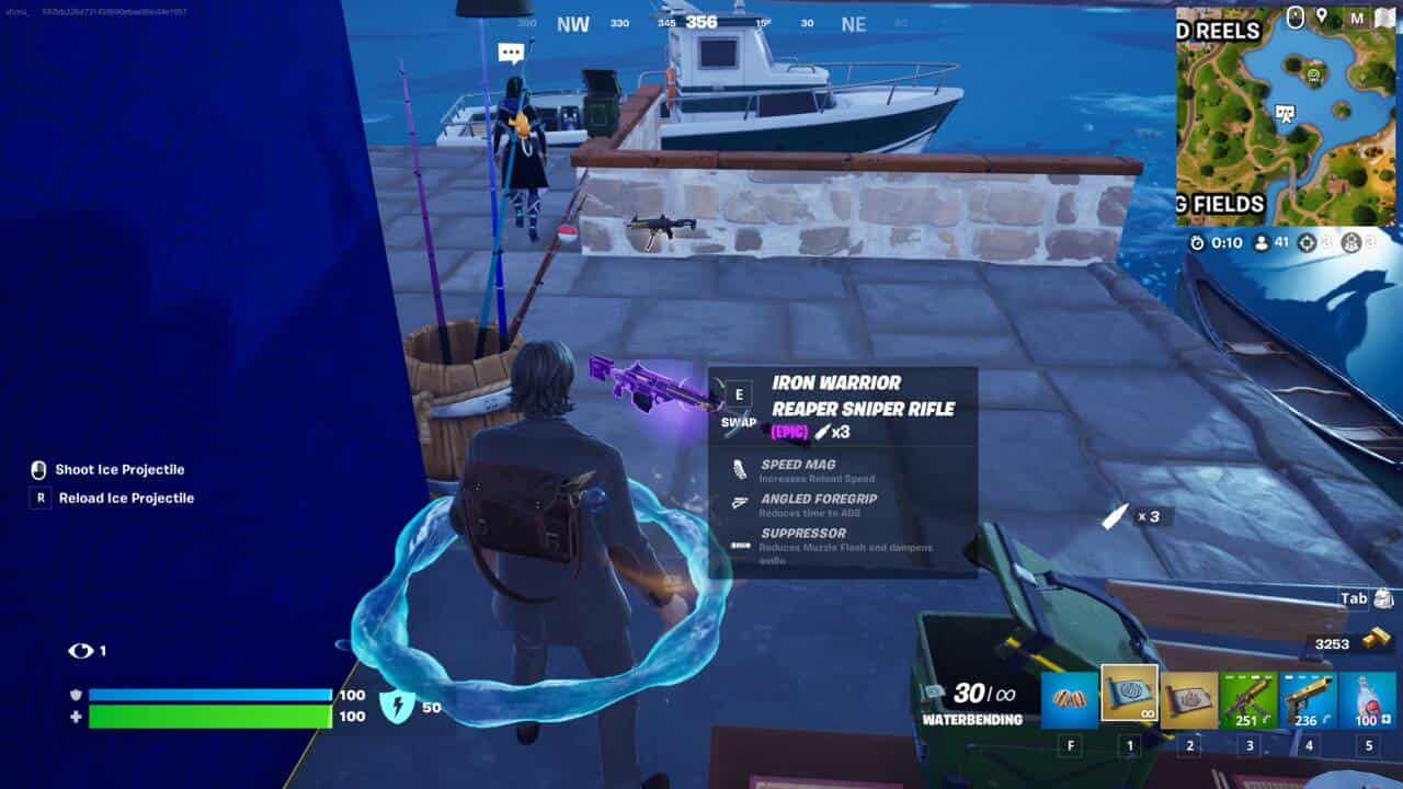 Fortnite best ranged weapons: An Epic Reaper Sniper RIfle on the ground next to some boats.