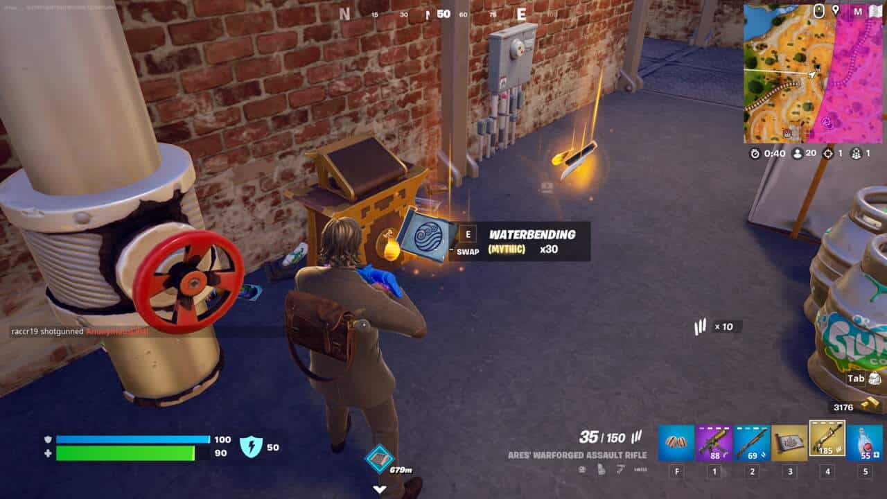 Screenshot from a video game showing a character collecting the best ranged weapons near a treasure chest in Fortnite, in a room with a "no swimming" sign and equipment.