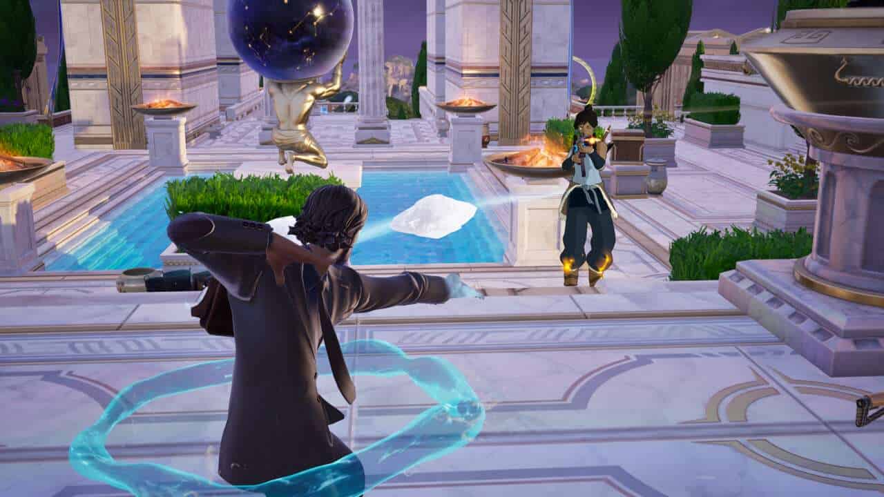 Fortnite best ranged weapons: A player firing icicles at another player in a Greek-style city.