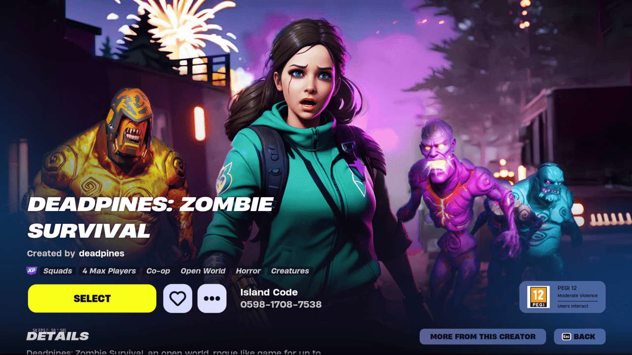 Fortnite best zombie maps: The title screen for the Deadpines: Zombie Survival map in Fortnite Creative.