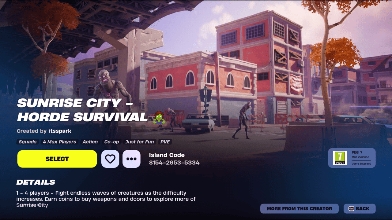 Fortnite best zombie maps: The title screen for the Sunrise City map in Fortnite Creative.