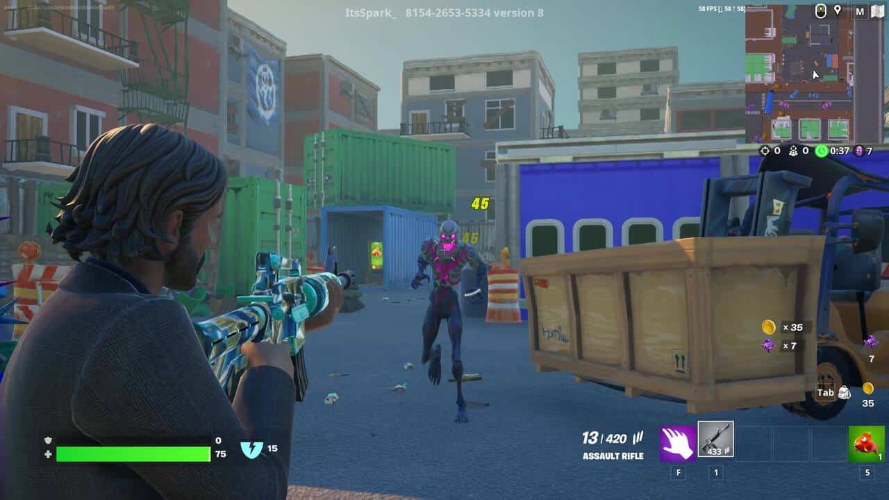 A player character aiming with an assault rifle at an opponent in a colorful urban setting in one of the best Fortnite creative zombie maps.