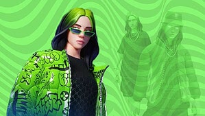 A digital artwork featuring a stylish character with green hair and sunglasses, wearing a green patterned jacket, set against a similarly themed green background with two faint reflections. Is Billie Eilish coming to