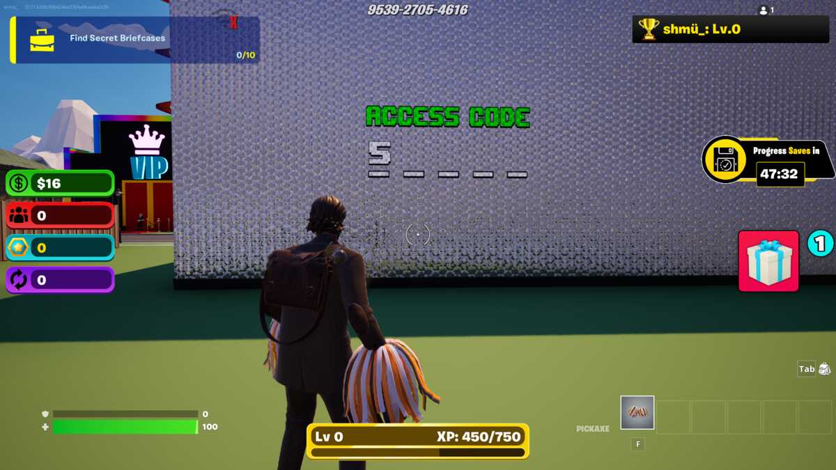 Fortnite Billionaire Tycoon vault code: A player looking at the number 5 as part of a code on a wall in Fortnite.