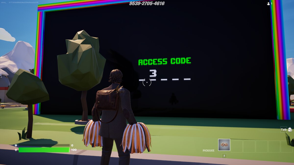Fortnite Billionaire Tycoon vault code: A player looking at the number 3 as part of a code on a wall in Fortnite.