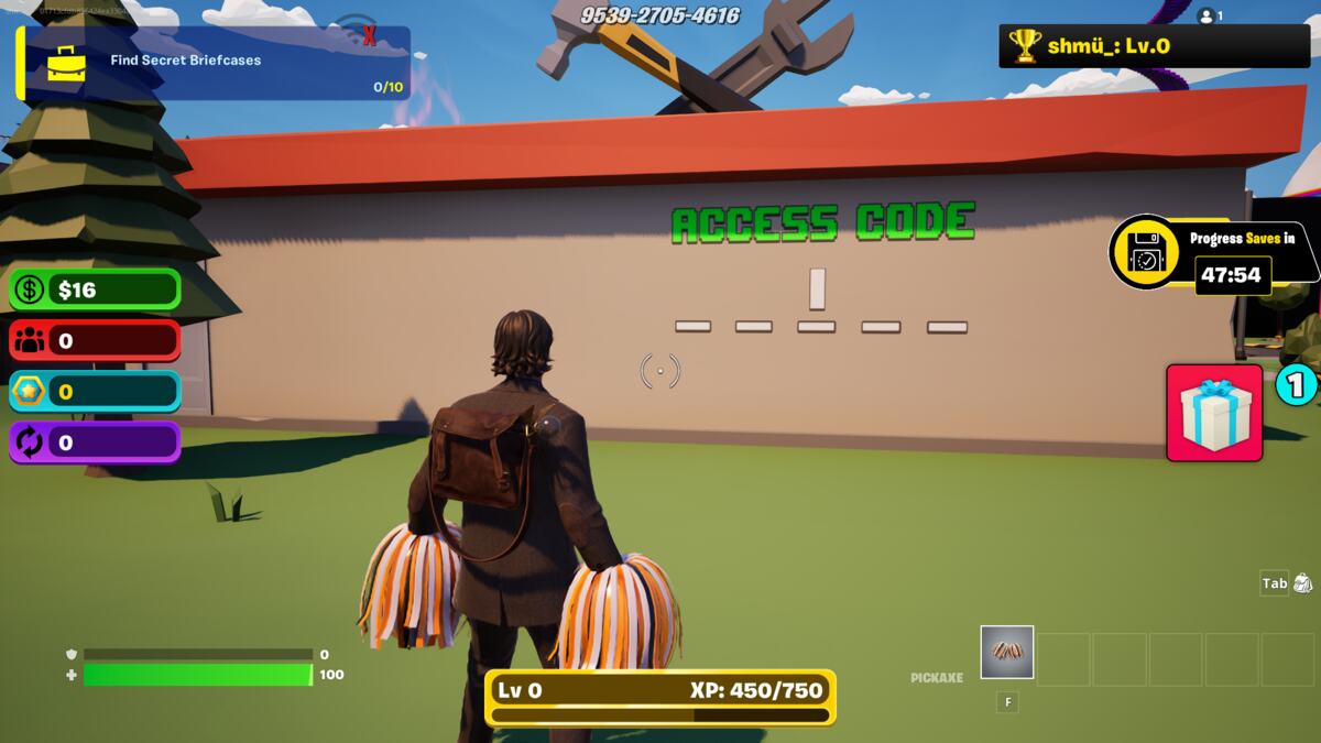 Fortnite Billionaire Tycoon vault code: A player looking at the number 1 as part of a code on a wall in Fortnite.