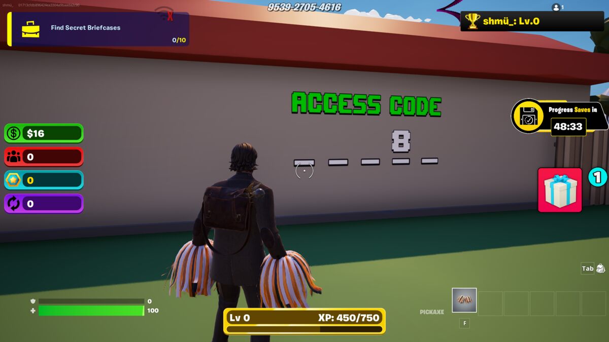 Fortnite Billionaire Tycoon vault code: A player looking at the number 8 as part of a code on a wall in Fortnite.