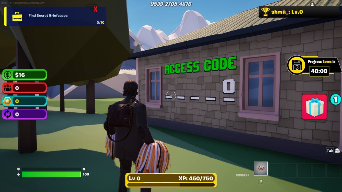 Fortnite Billionaire Tycoon vault code: A player looking at the number 0 as part of a code on a wall in Fortnite.