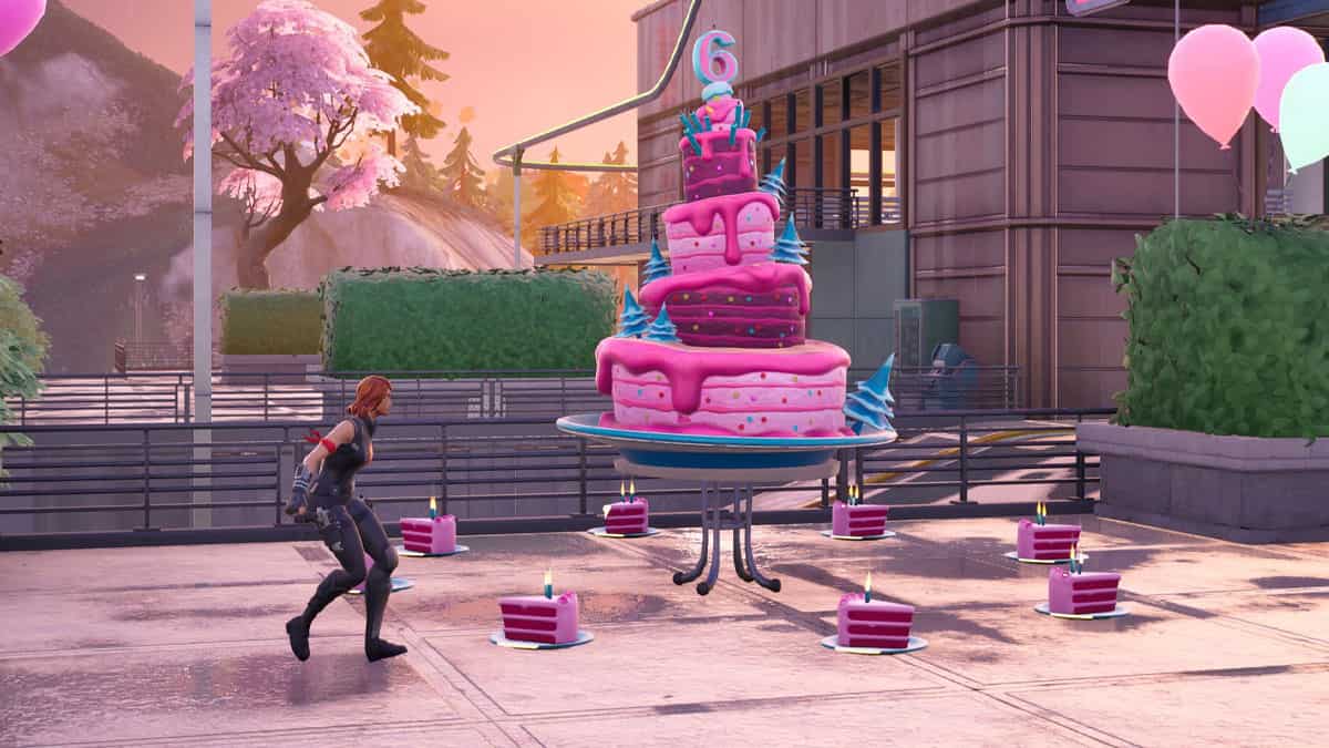 A girl completes the pink cake quest in Fortnite.