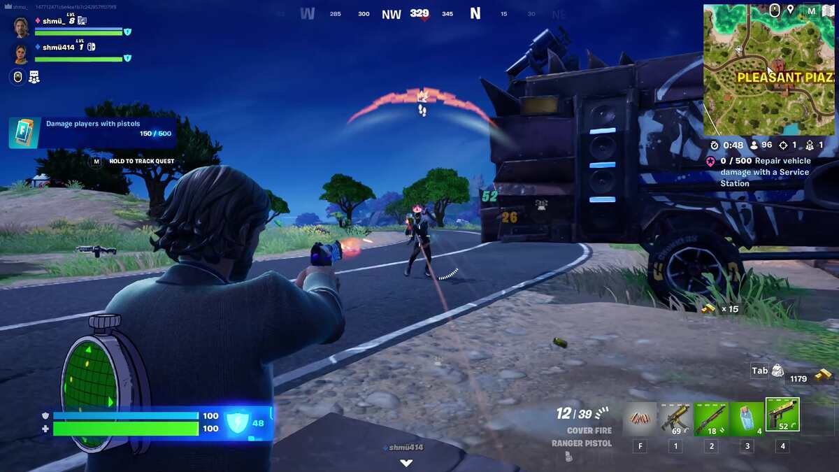 Fortnite bot lobbies: A player aiming a pistol at a player standing on a road.