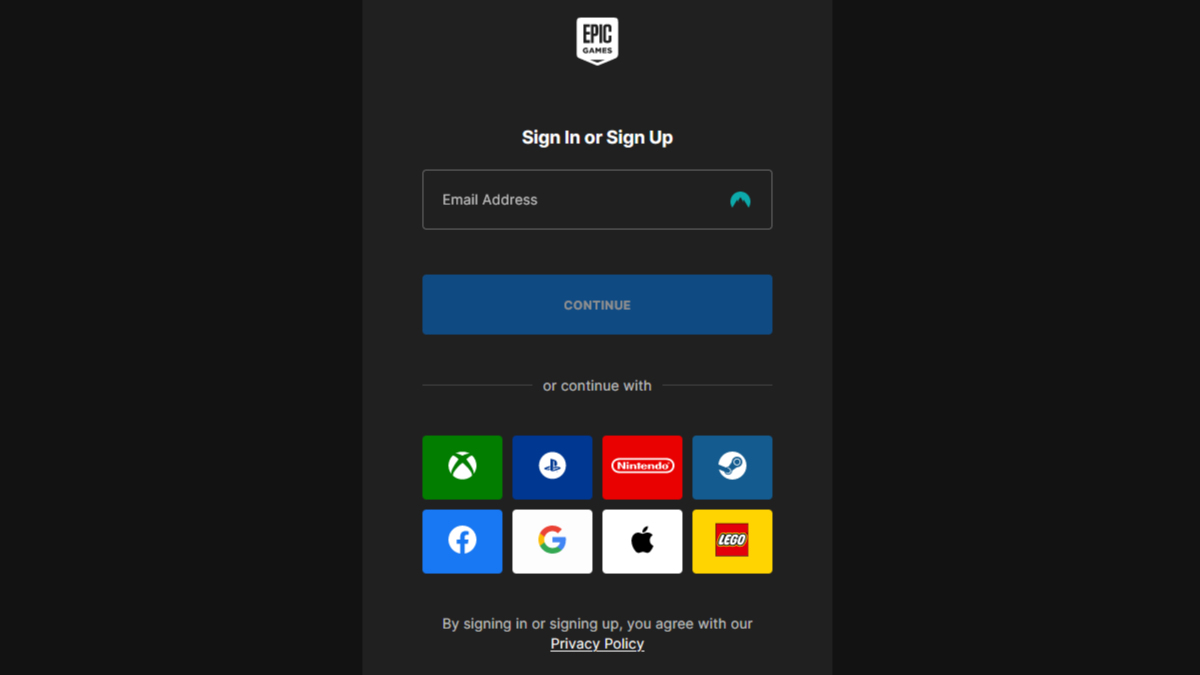 Fortnite bot lobbies: The login page for Epic Games.