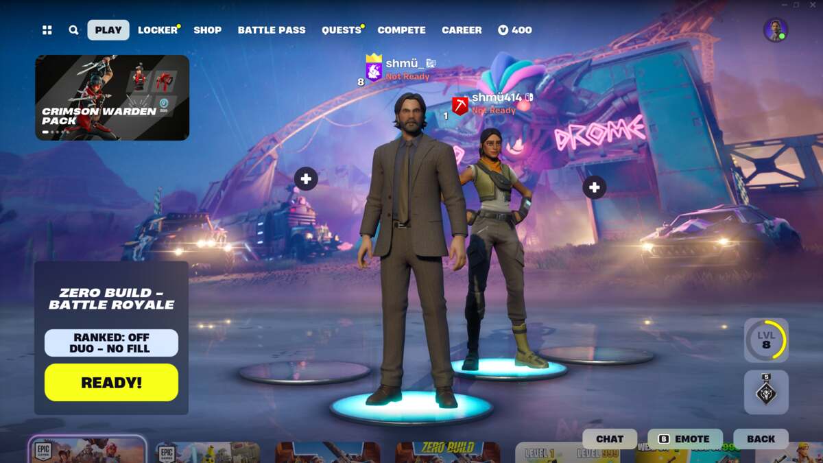Fortnite bot lobbies: Two players in the lobby queuing for a Zero Build game.