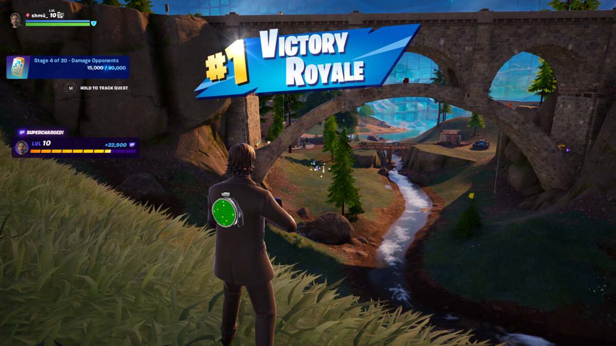 Fortnite bot lobbies: A player winning a Victory Royale, standing on a hillside in front of a bridge across a river.